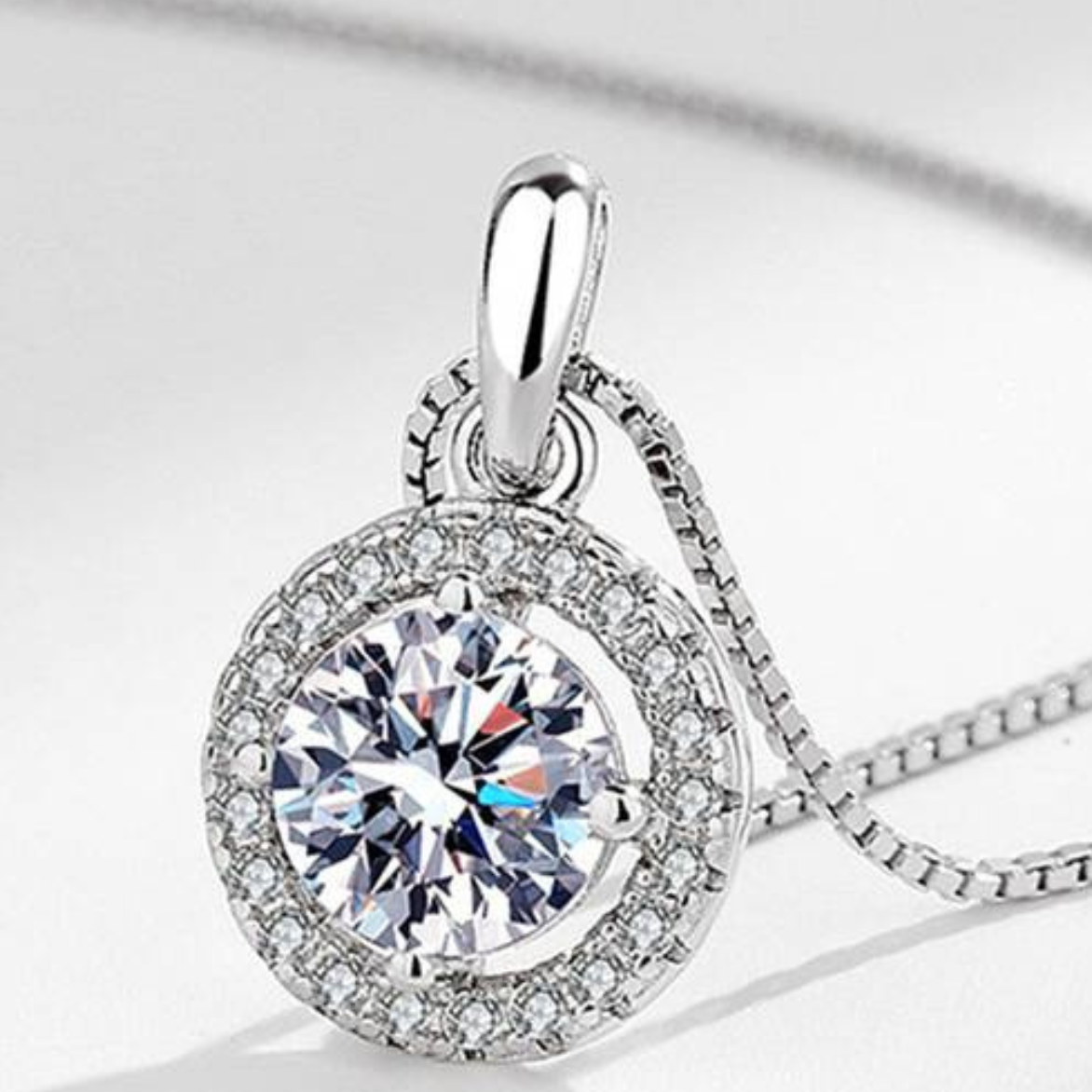 925 Sterling Silver Halo Pendant Necklace for Women with White, Green, Blue 145