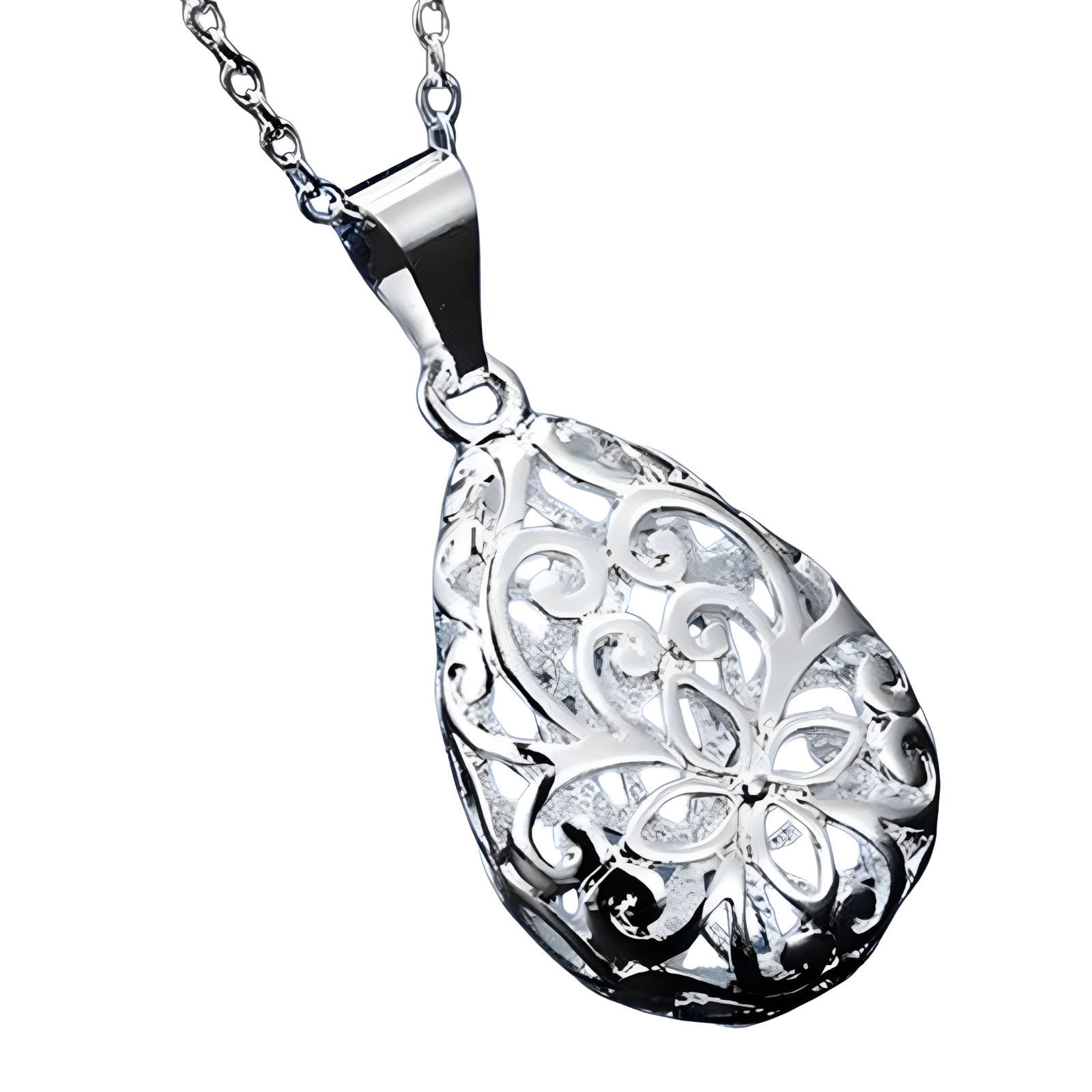 925 Sterling Silver Hollow Pendant Necklace Unique Filigree Water Drop B46
