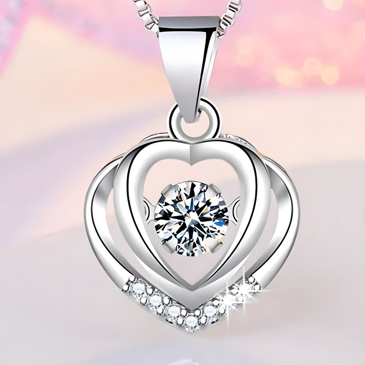 925 Sterling Silver Double Heart Necklace-Dazzling Dancing Zircon,Adjustable 270