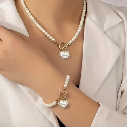 1 Pc Bracelet 1 Pc Necklace Heart Pendant OT Buckle Imitation Pearl Design 80 UK