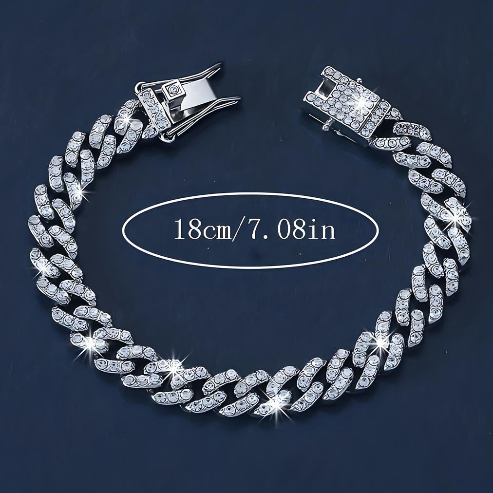 Silver Cuban Link Bracelet Women Iced  Rhinestone Chain Bracelet Adjustable 695