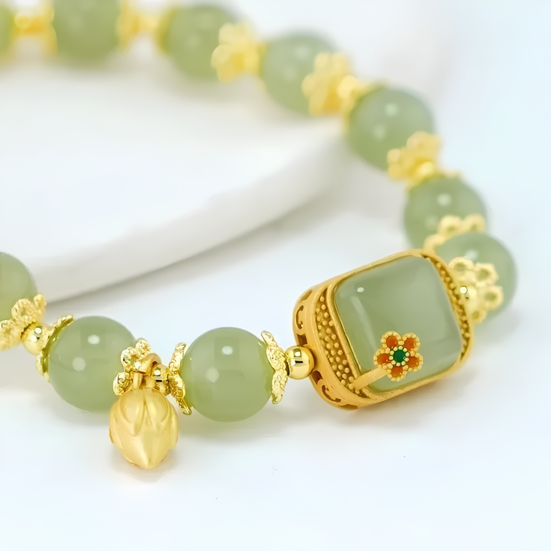 Green Beaded Bracelet, Gold Colour Square Centre Charm Lotus Drop Statement 1800