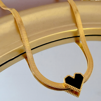 Gold Snake Chain Necklace with Black Heart Pendant – Stainless Steel & Shell 742