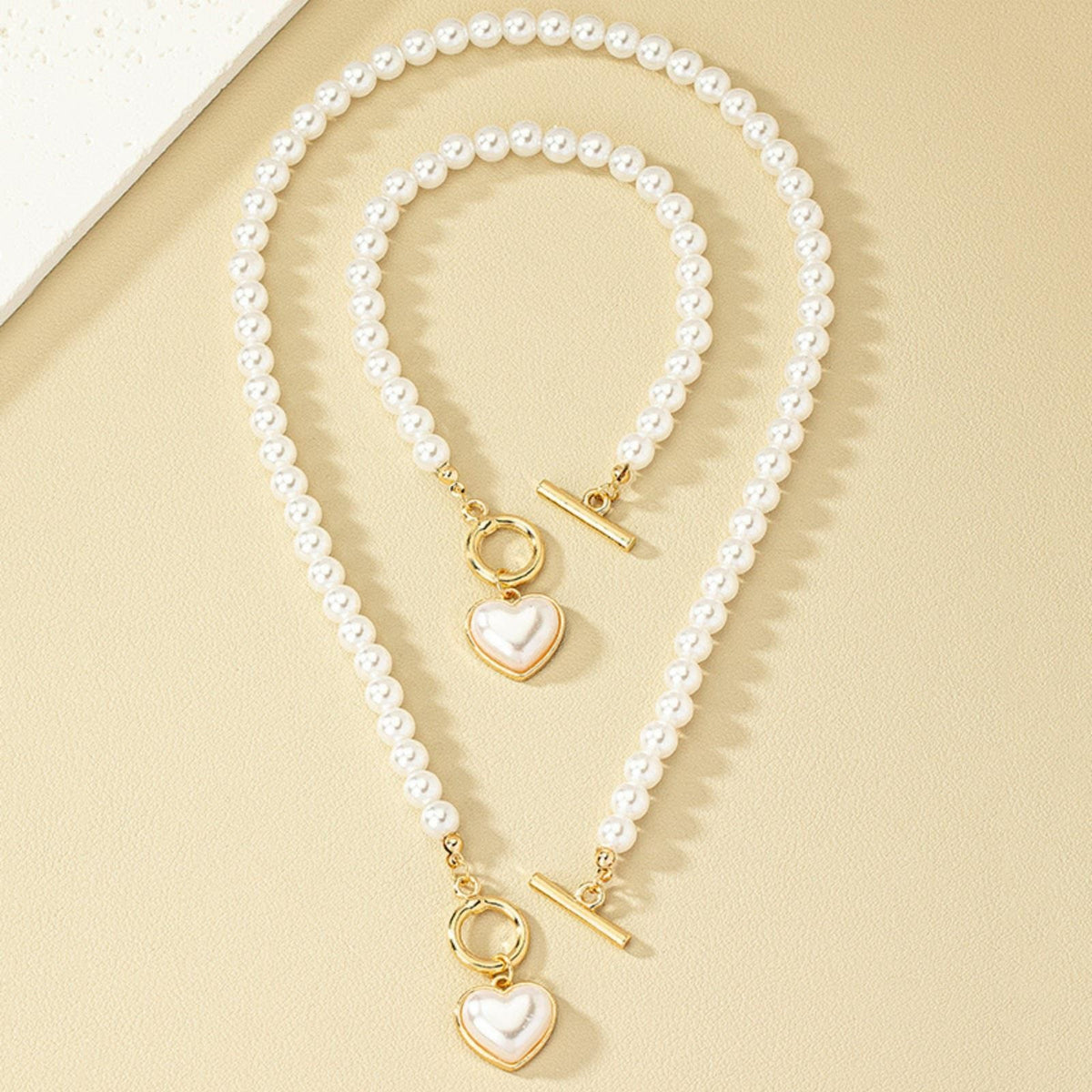 2 PCS Pearl Heart Necklace & Bracelet Set for Women – Simulated Pearl Beaded 708
