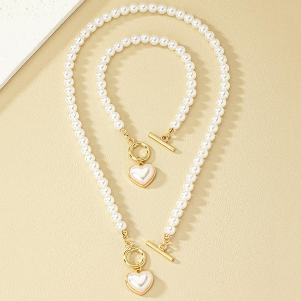 2 PCS Pearl Heart Necklace & Bracelet Set for Women – Simulated Pearl Beaded 708