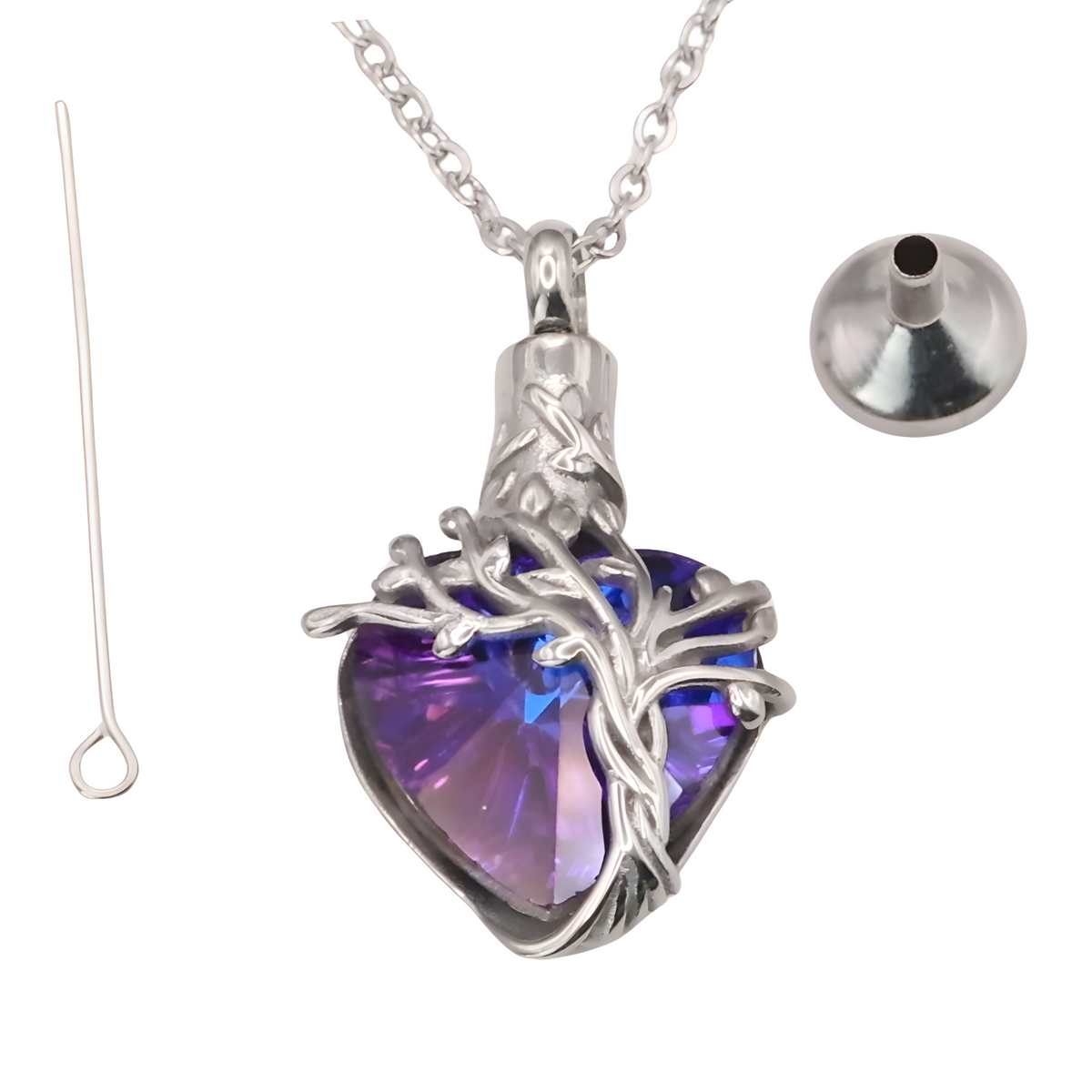 Heart Tree of Life Urn Necklace Crystal Funnel Filler 316L Stainless Steel B215
