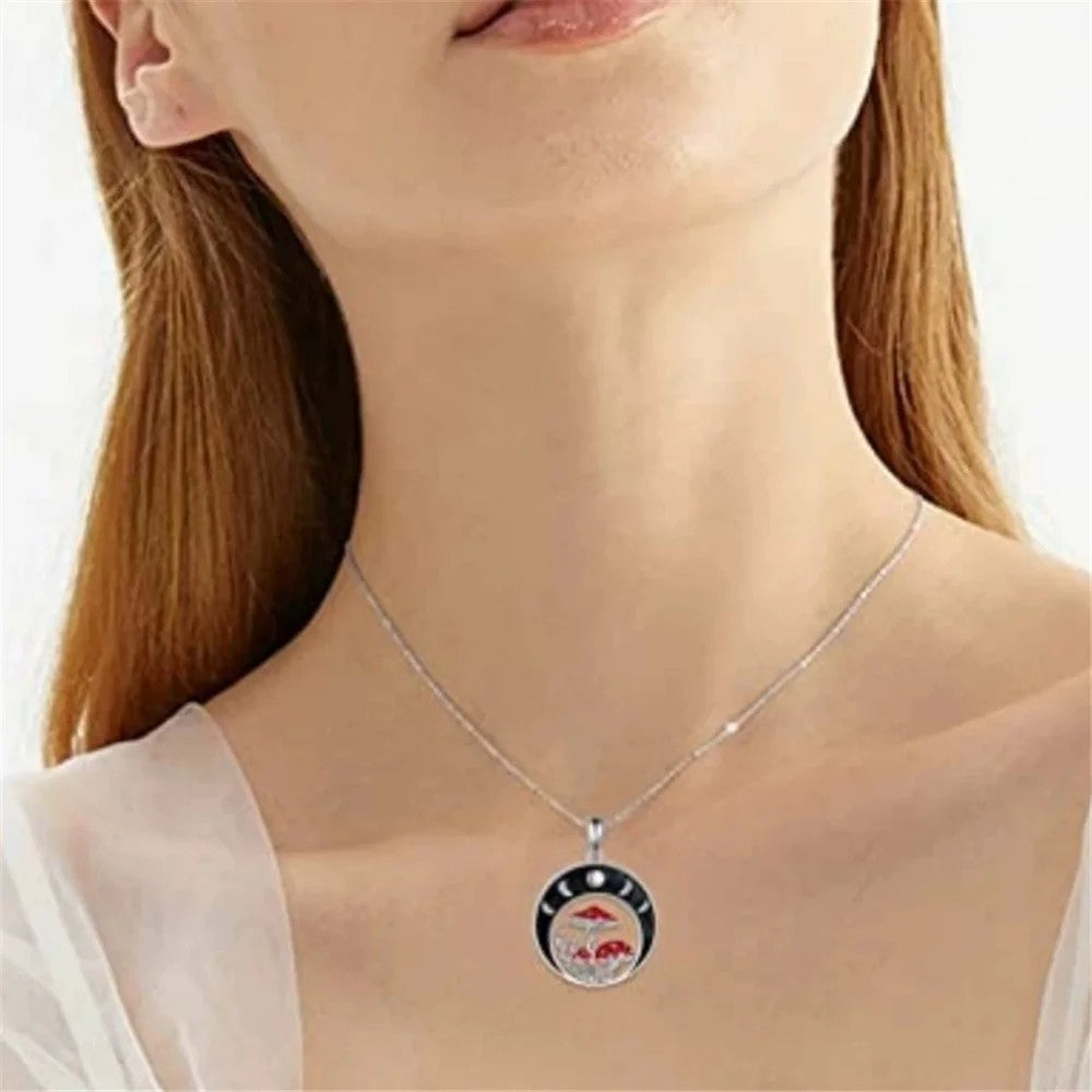 Moon Phase Mushroom Pendant Necklace Silver Plated Gothic Nature Charm B137