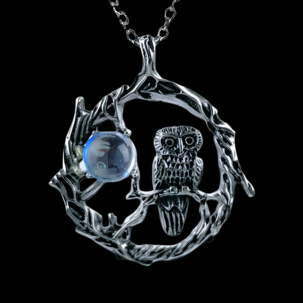 Zinc Alloy Natural Stone Owl Necklace for Women – Silver Tone Crescent Moon 1091
