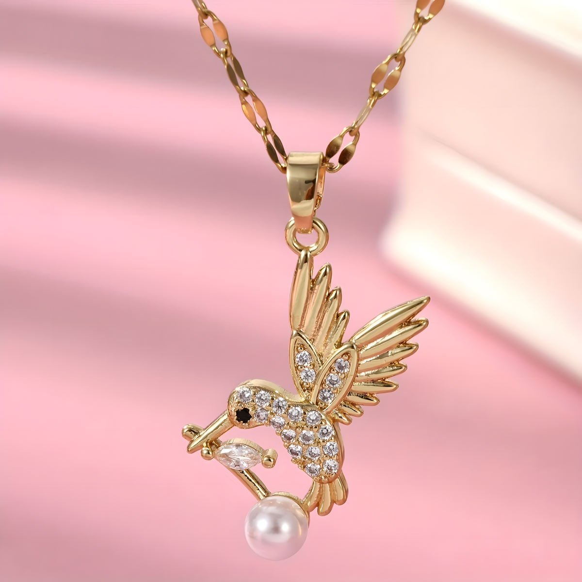 Golden Hummingbird Necklace for Women – 18K Gold Plated Copper Pendant 740
