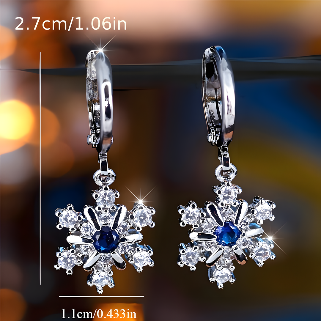 Women's Dangle Hoop Earrings, Blue Zircon Snowflake Drop, Silver Color 665