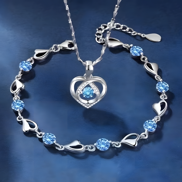 2-Piece Heart Necklace and Blue Crystal Bracelet Set for Women Copper Alloy 1154