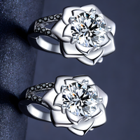 Unified Jewellery Black Spinel Flower Hoop Earrings - Trendy Silver Tone B73