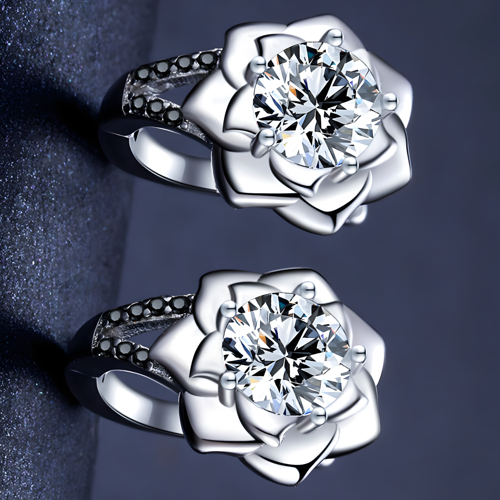 Unified Jewellery Black Spinel Flower Hoop Earrings - Trendy Silver Tone B73