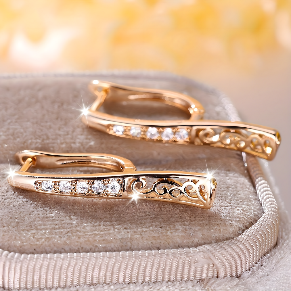 Charming Female Rose Gold Hoop Dangle Earring White Zircon Pavé Stone Carved 639