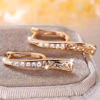 Charming Female Rose Gold Hoop Dangle Earring White Zircon Pavé Stone Carved 639