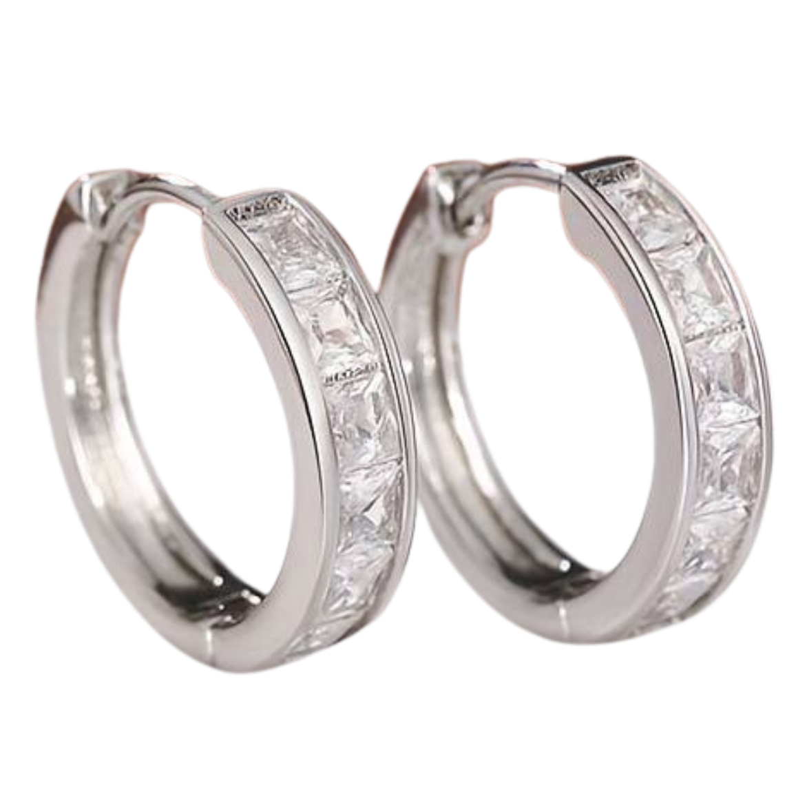Silver Plated Hoop Earrings with Channel-Set Cubic Zirconia Stones, Sleek 155