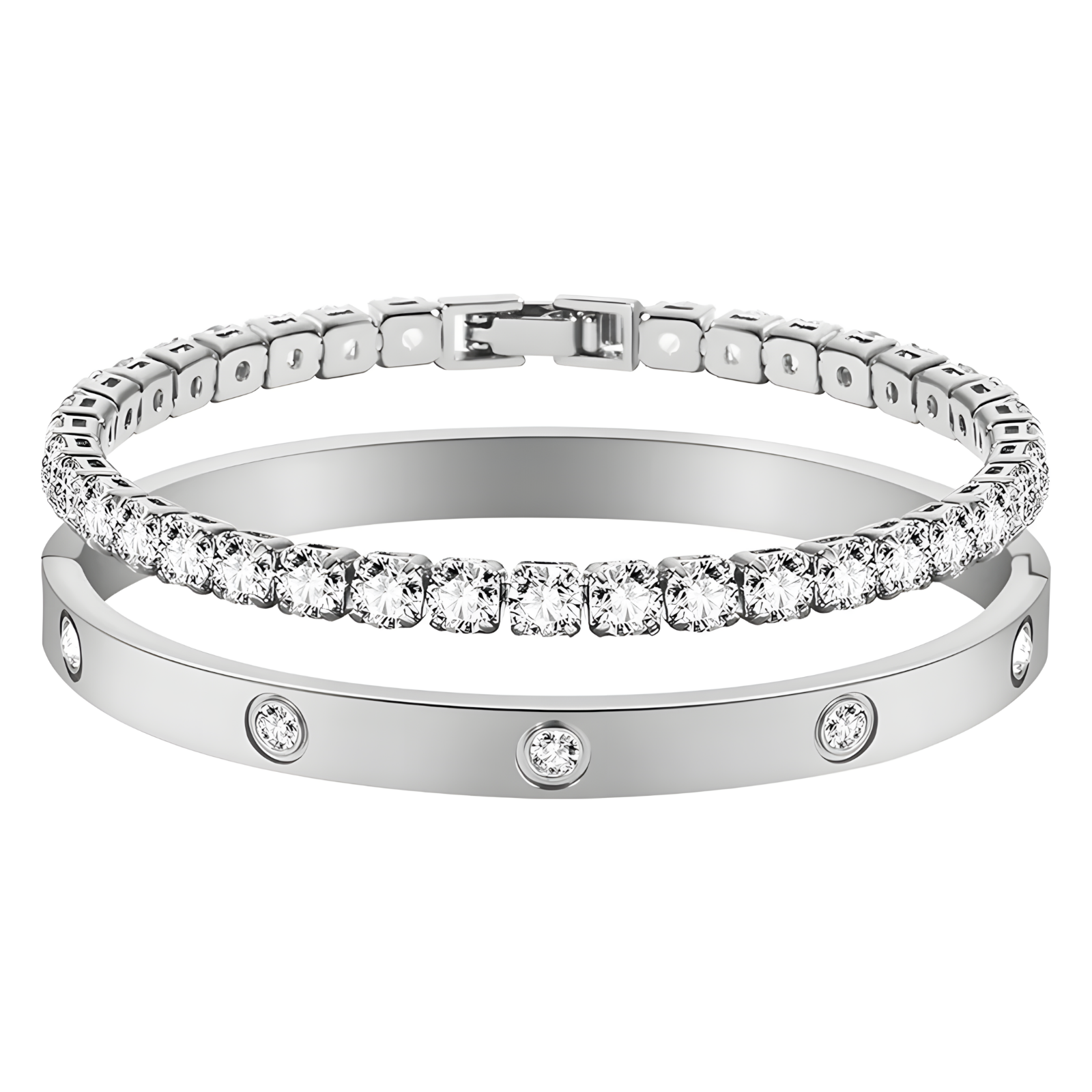 Unified Jewellery Silver-Tone Bracelet Set for Women | Tennis Chain & Bangle 442