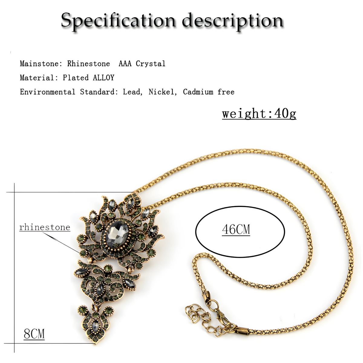 Gothic Floral Pendant Necklace Gold-Plated Zinc Alloy 46CM Chain Statement 1480