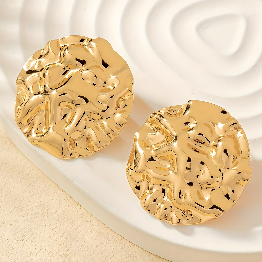 Molten Gold Textured Round Earrings Women – 3cm Classic Geometric Stud Style 774