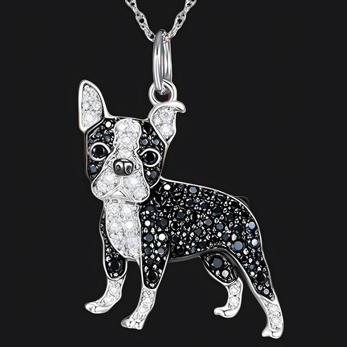 Boston Terrier Pendant Necklace, MultiTone Rhodium & Black-Plated Stainless B252