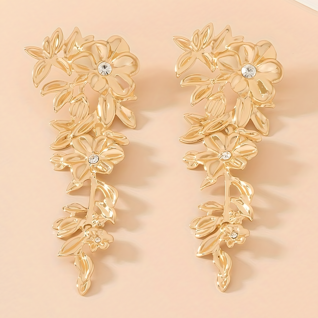 Floral Gold Long Drop Earrings for Women – Elegant 10cm Zinc Alloy Statement 766