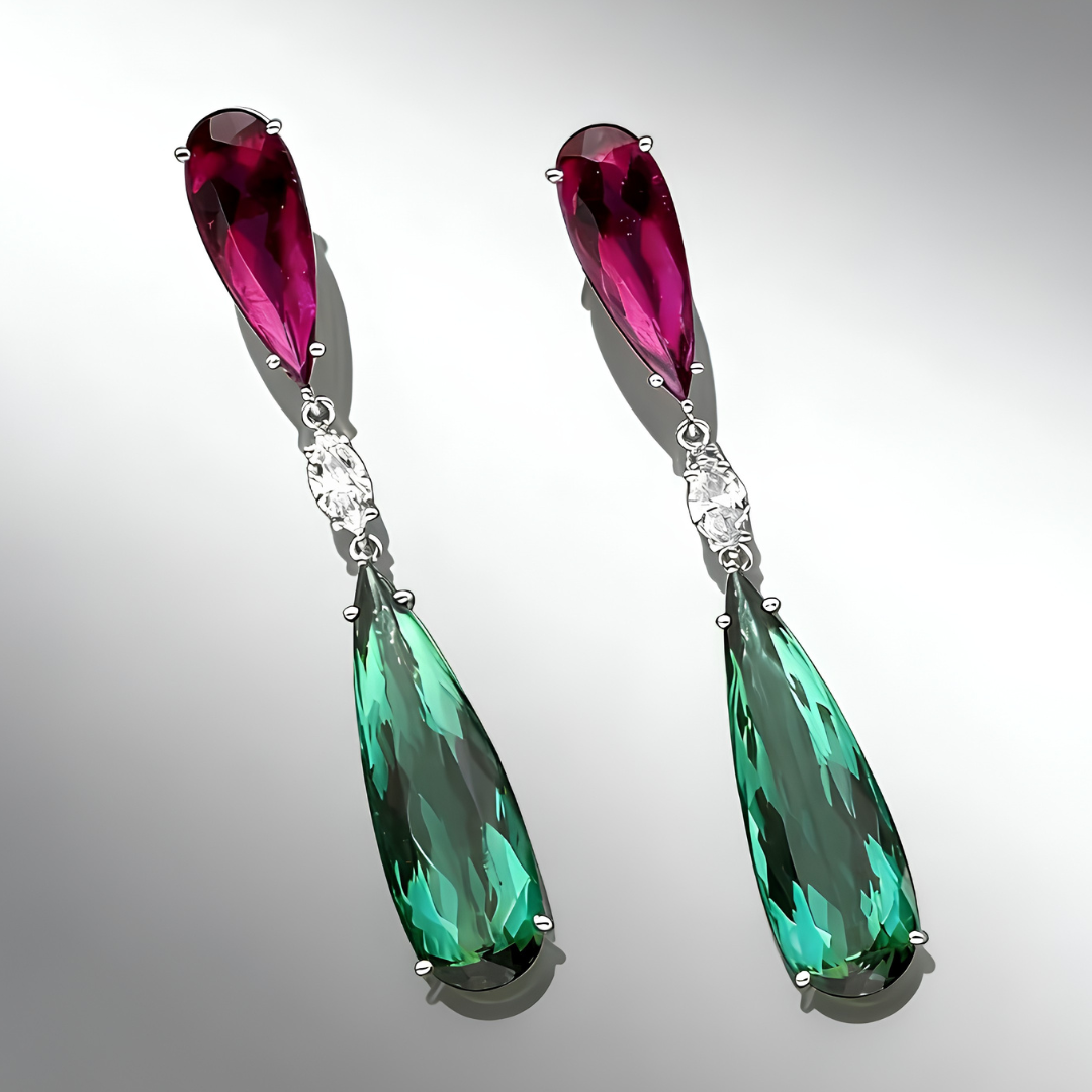 Unified Jewellery Premium Green Magenta Crystal Long Drop Earrings Women 1847