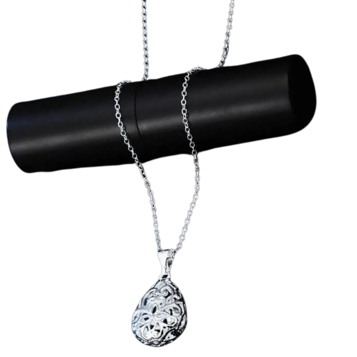 Silver Tone Filigree Teardrop Pendant Necklace Women's Fashion Jewelry Gift 410