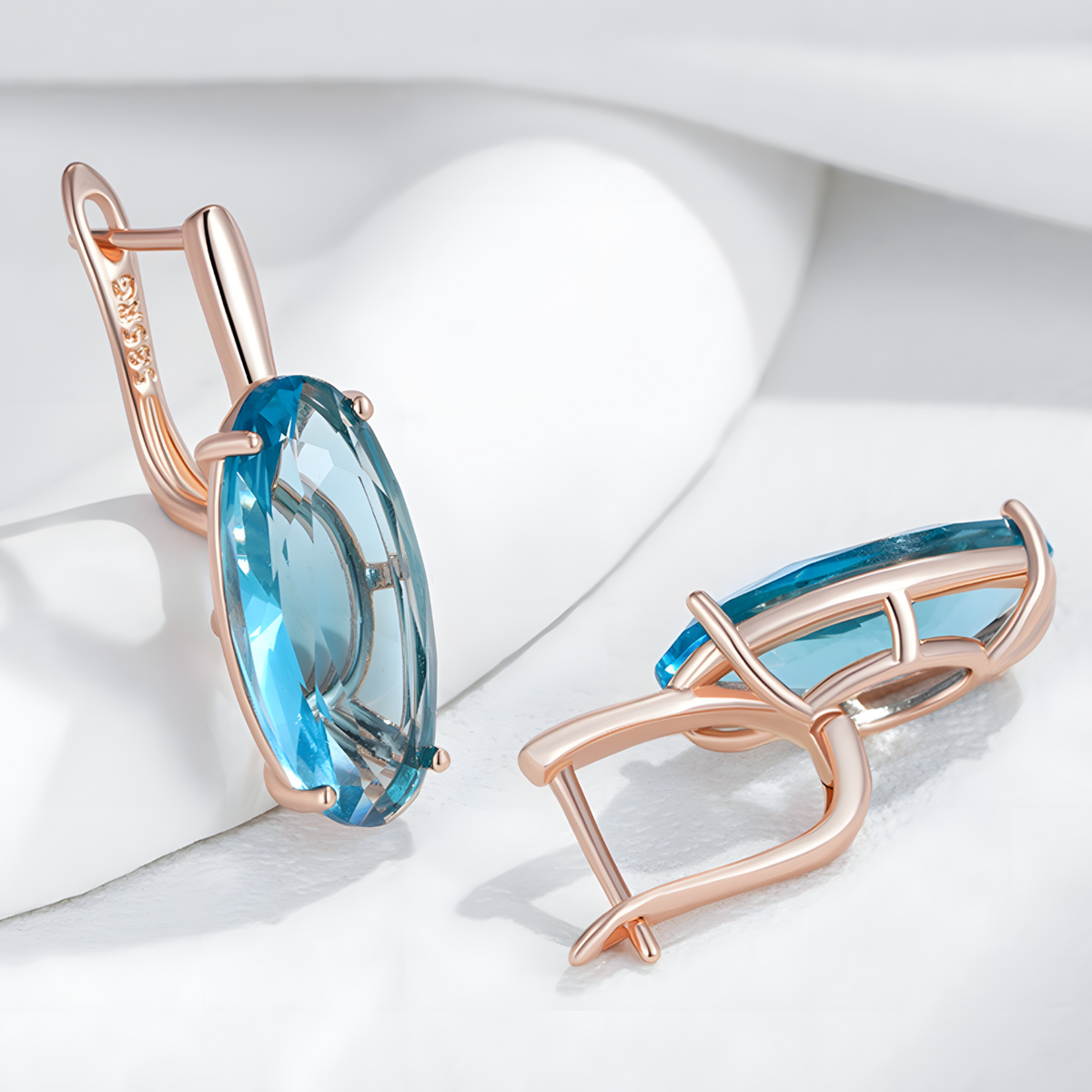 585 Rose Gold Blue Natural Zircon Oval Drop Earrings for Women, Copper Base 1287