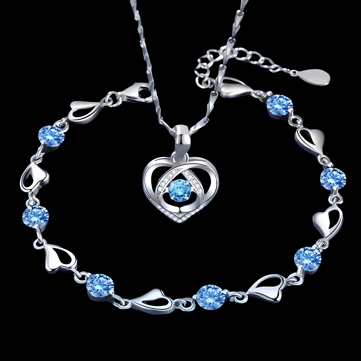 2-Piece Heart Necklace and Blue Crystal Bracelet Set for Women Copper Alloy 1154