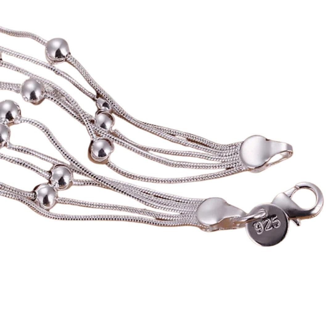 925 Sterling Silver Multi-Strand Snake Chain Bracelet Smooth Round Beads 416
