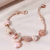Rose Gold Tone Heart Flower Charm Bracelet Adjustable 19.5-22cm Trendy 1735