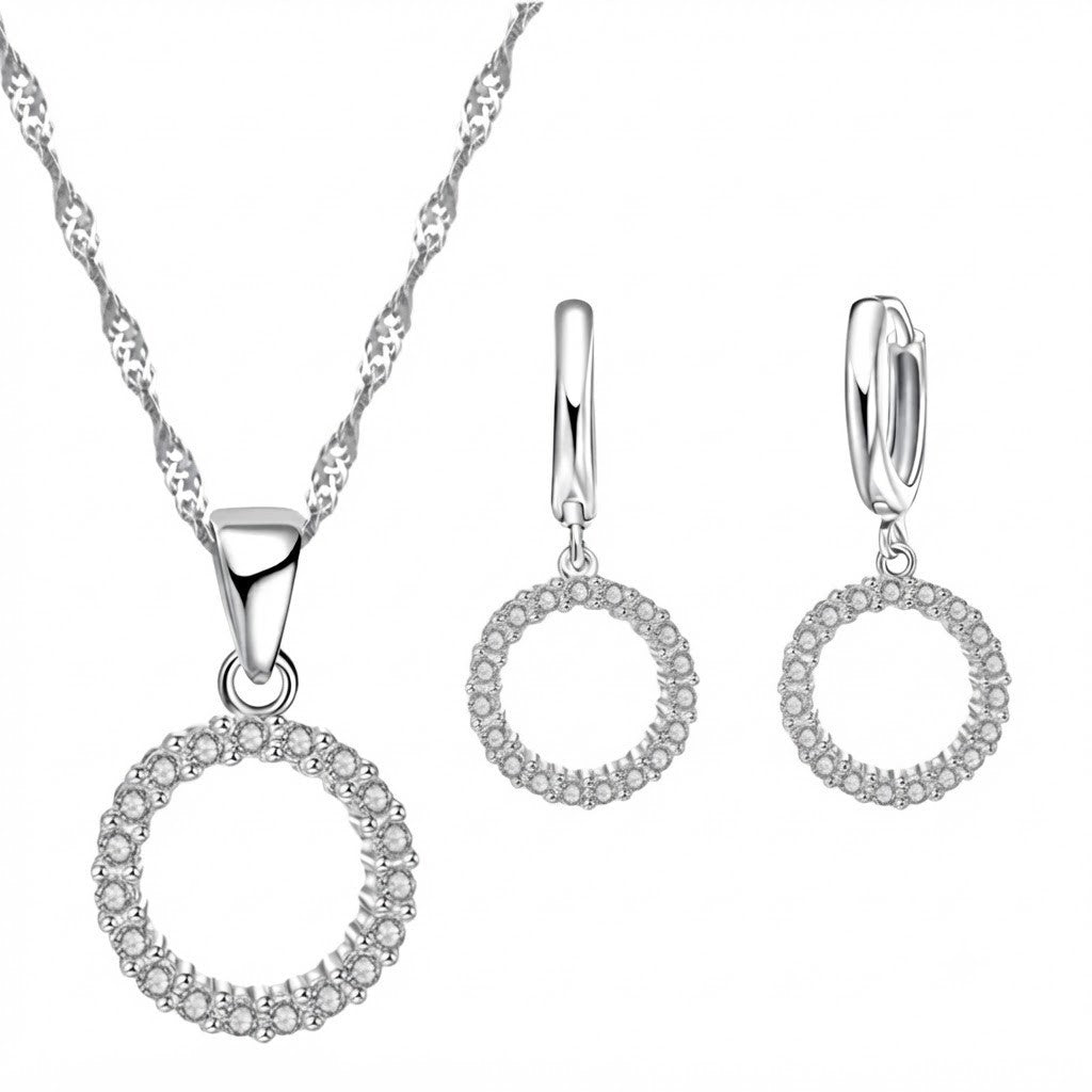 Women's Trendy Circle Pendant Necklace Earrings Set, Elegant Cubic Zirconia 1720