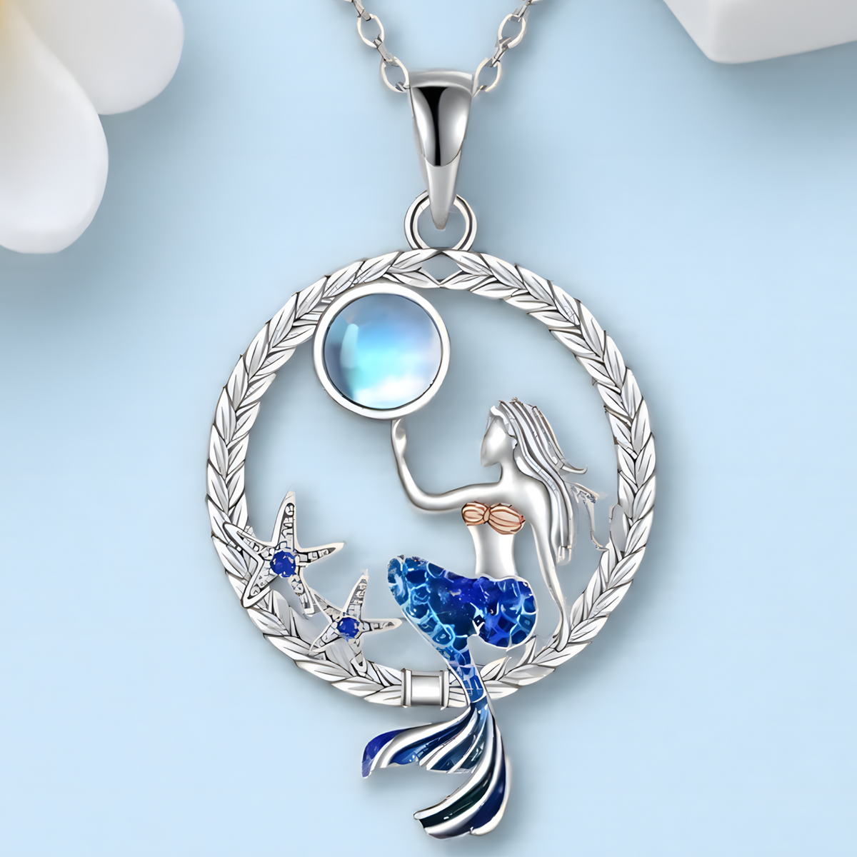 Vintage Mermaid Pendant Necklace Round Locket Crystal Moonstone Ocean Style B165