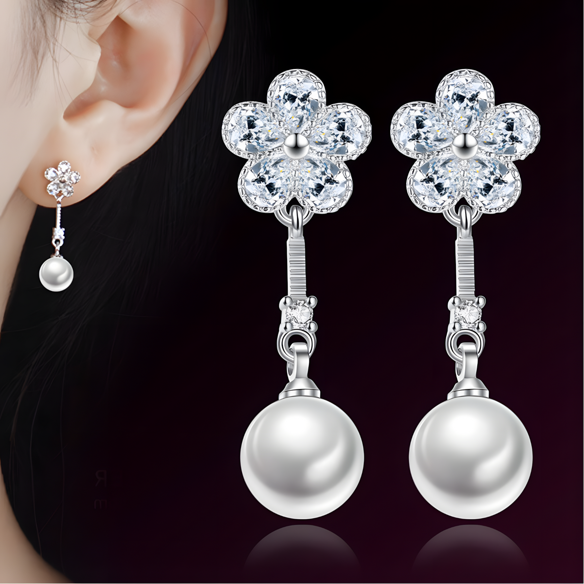 925 Silver-Plated Alloy Pearl Drop Earrings for Women – Flower CZ Crystal 996