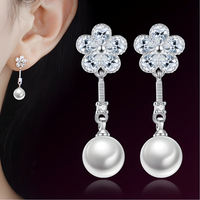 925 Silver-Plated Alloy Pearl Drop Earrings for Women – Flower CZ Crystal 996