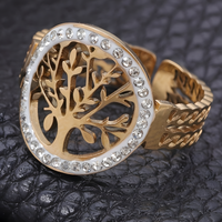 Gold Tree of Life Ring – Adjustable Stainless Steel Open Band Clear Crystal 842