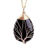 Gold Black Agate Tree Of Life Pendant Necklace For Women Oval Gemstone 1344