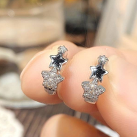 Silver Plated Huggie Hoop Earrings with Black Enamel and Cubic Zirconia Star 156