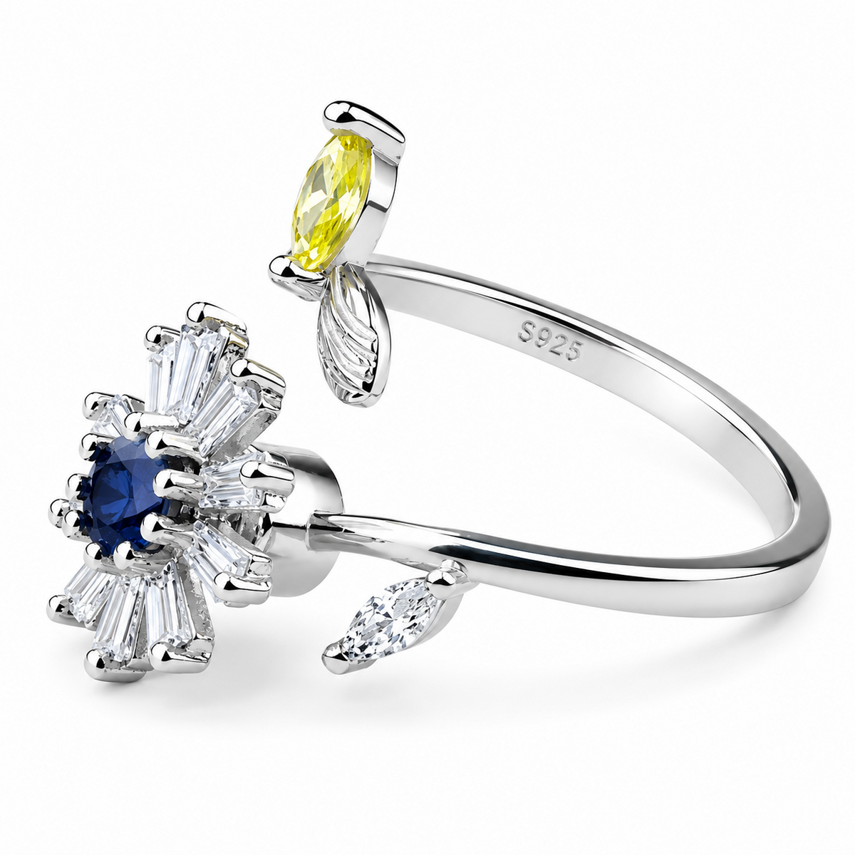 Crystal Floral Rotatable Ring For Women, Adjustable Silver Tone Spinner 1517