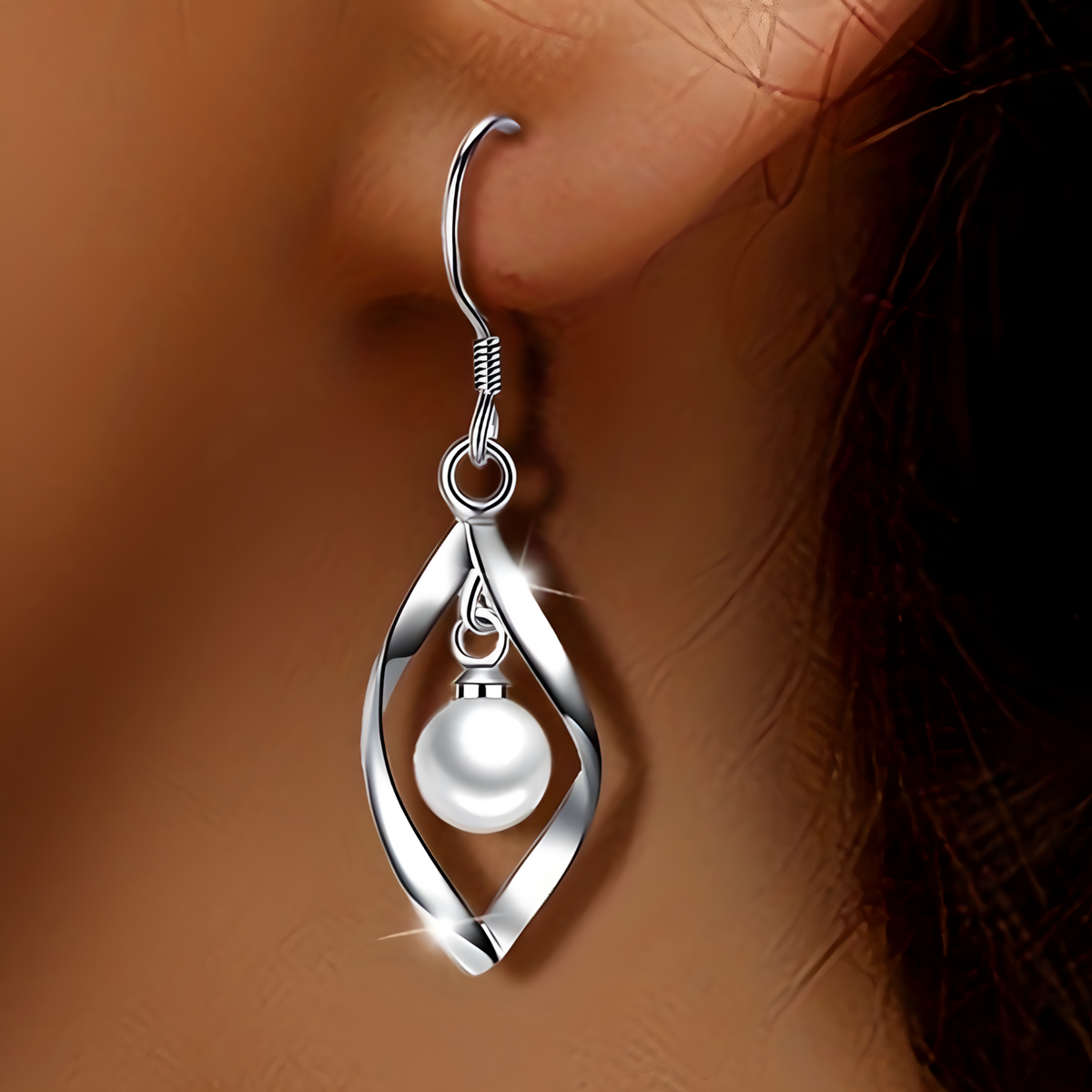 925 Sterling Silver Drop Earrings Trendy Twisted Leaf Shape with Pearl 825