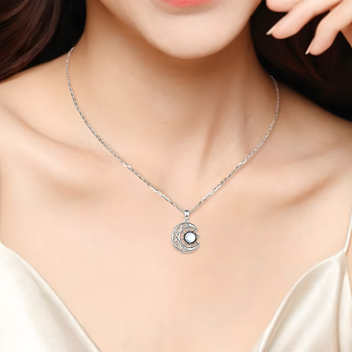 Sun and Moon Pendant Necklace Women, Imitation Opal Stone, Aesthetic Boho B130
