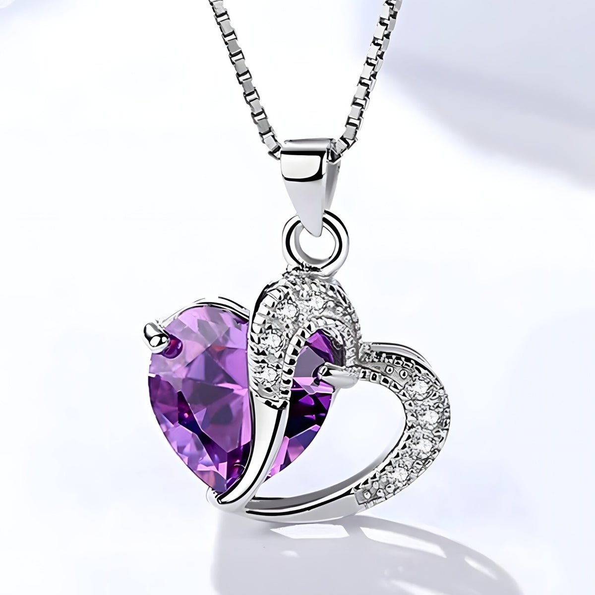 925 Sterling Silver Heart Necklace with Purple AAA Cubic Zirconia, Dainty  269