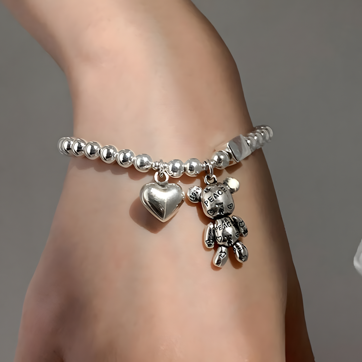 Beaded Charm Bracelet– Copper Alloy, Electroplated Silver, Elastic Stretch 864