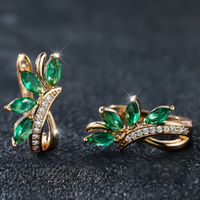 Cute Female Blue Green Stone Clip Earrings Charm Gold Copper White Zircon 593