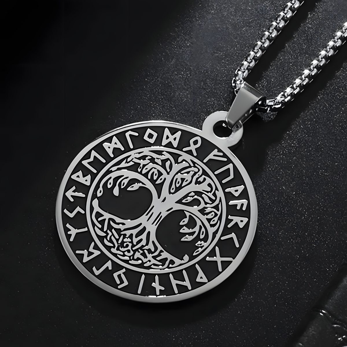 Viking Tree of Life Pendant Necklace for Men-Stainless Steel Nordic Circle- 1066