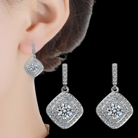 925 Sterling Silver Cubic Zirconia Drop Earrings, Double Halo Square Design 306