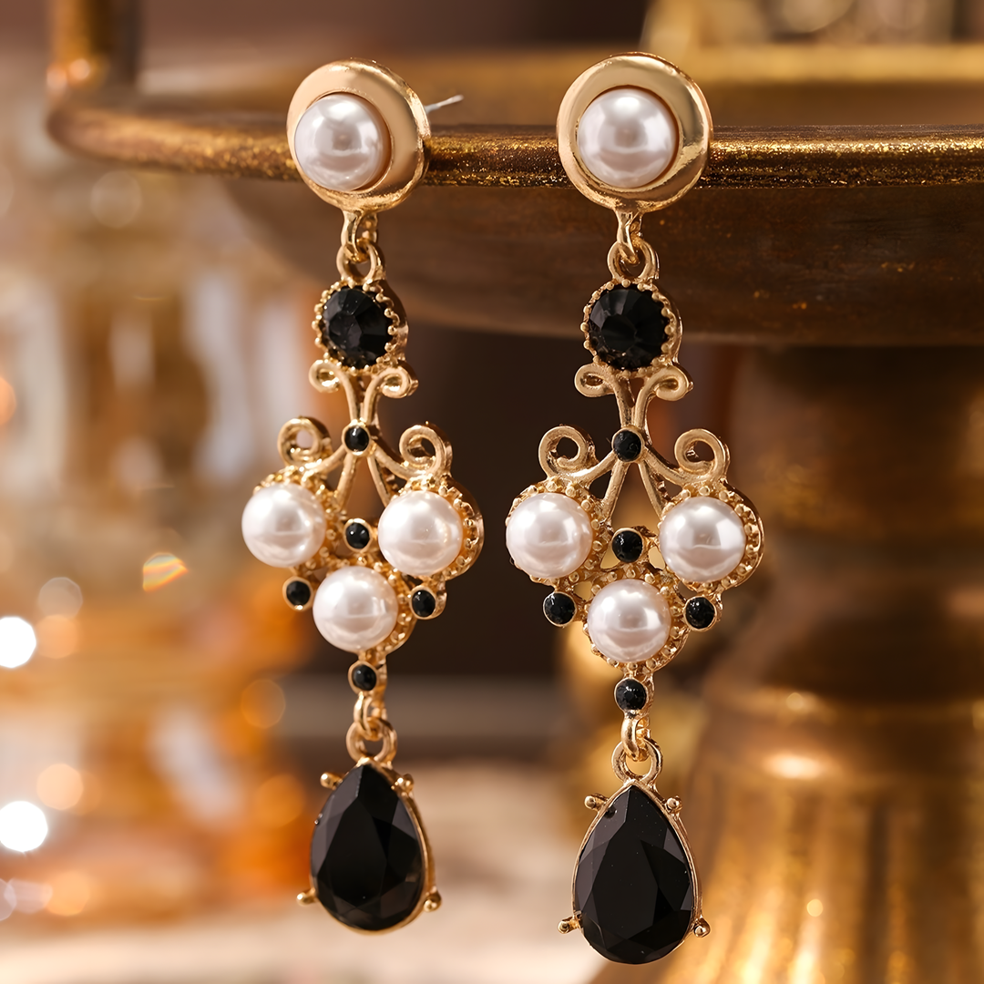 Gold Plated Drop Earrings – Black Rhinestone & Pearl Accent Vintage Earrings 738