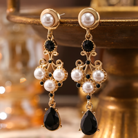 Gold Plated Drop Earrings – Black Rhinestone & Pearl Accent Vintage Earrings 738