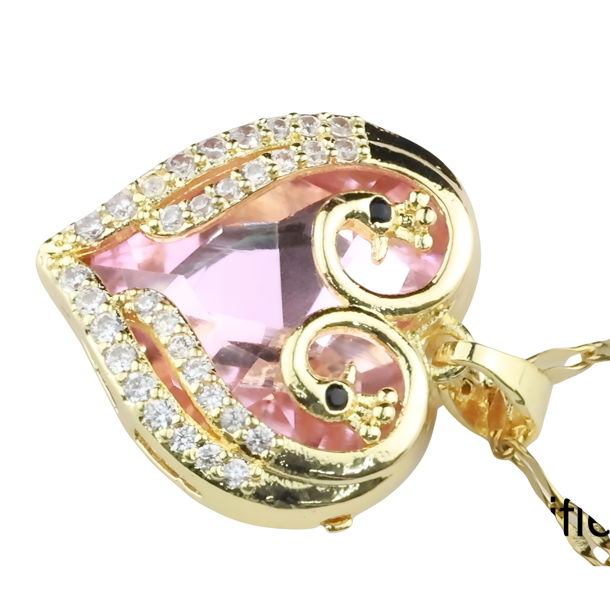 18K Gold Inlaid Pink Crystal Heart Pendant Necklace Cubic Zirconia Micro 1310