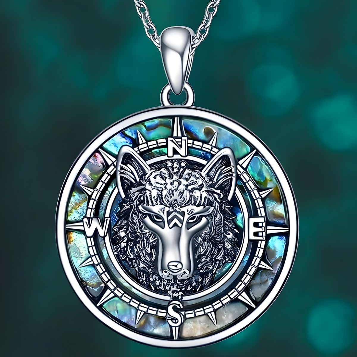 Wolf Head Pendant Necklace, Unisex Stainless Steel Animal Jewelry Abalone B162